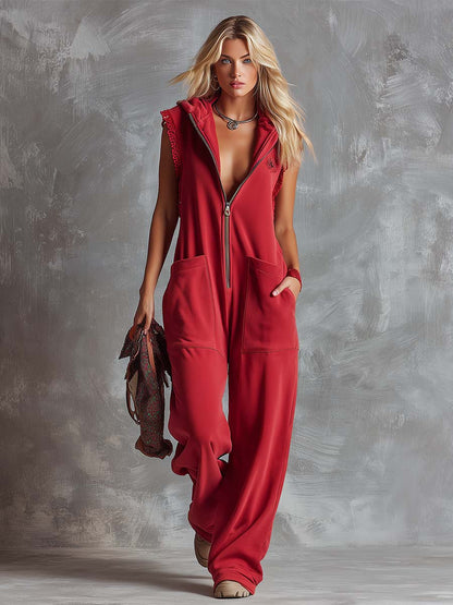 Dames Sportieve Katoenen Jumpsuit met Capuchon en Rits – Framboosrood