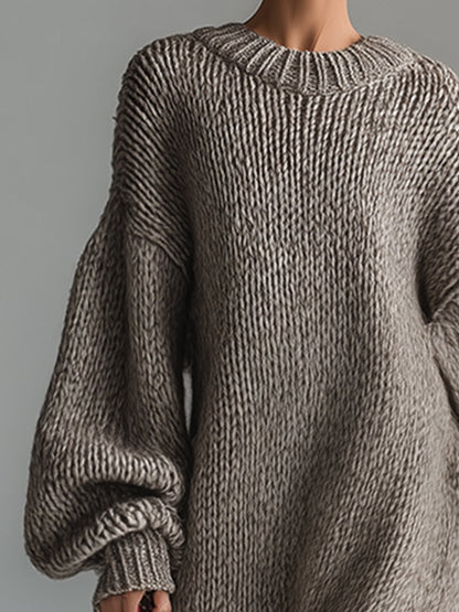 Ladies' Knitted Long Dress with Round Neck in Speckled Khaki