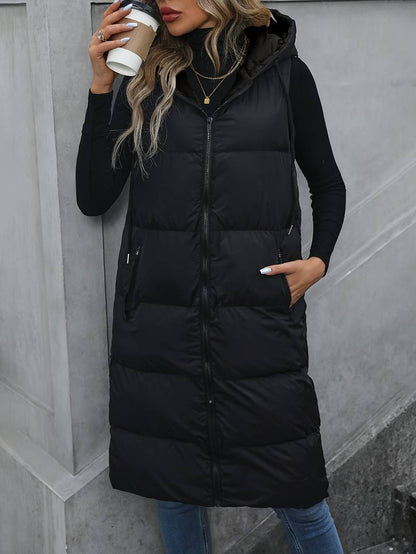 Women's Long Bodywarmer with Hood and Zipper