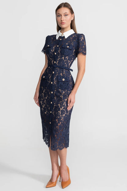 Ladies' Mid-Length Dress of Floral Lace with Collar and Waist Belt – Navy Blue