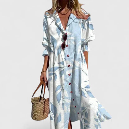 Dames Maxi Shirtjurk | Bloemenprint & Relaxed Pasvorm-Kleding – Dames – Jurken – Shirtjurken-Myna Mode-hemelsblauw-S-Myna Mode