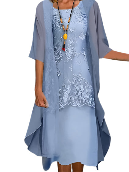 Evelyne | Elegant Chiffon Midi Dress with Jacket for Weddings and Parties