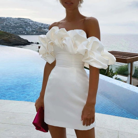 Celeste | Luxe Mini Jurk met Statement Pofmouwen en Strapless Halslijn-Kleding – Dames – Jurken – Elegante Mini Jurken-Myna Mode-Wit-XS-Myna Mode
