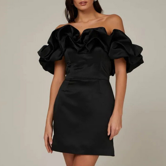 Celeste | Luxe Mini Jurk met Statement Pofmouwen en Strapless Halslijn-Kleding – Dames – Jurken – Elegante Mini Jurken-Myna Mode-Zwart-XS-Myna Mode
