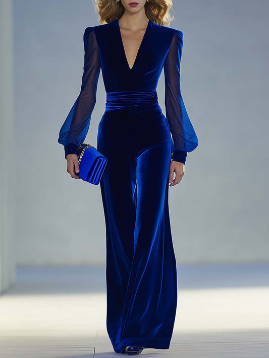 Vintage Elegant V-hals Mesh Lange Mouwen Fluwelen Jurk-Dames Jurken / Avondkleding-Myna Mode-Koningsblauw-XS-Myna Mode