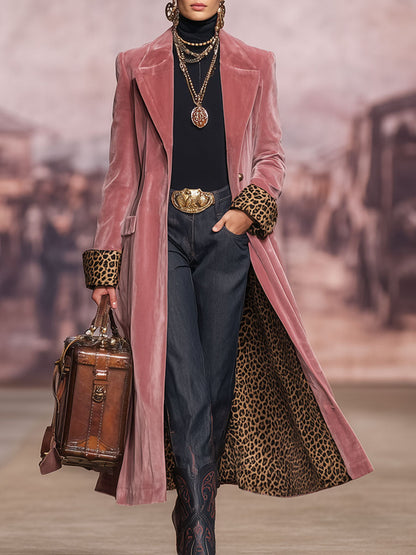 Ladies Velvet Coat with Lapel and Leopard Print – Single Breasted