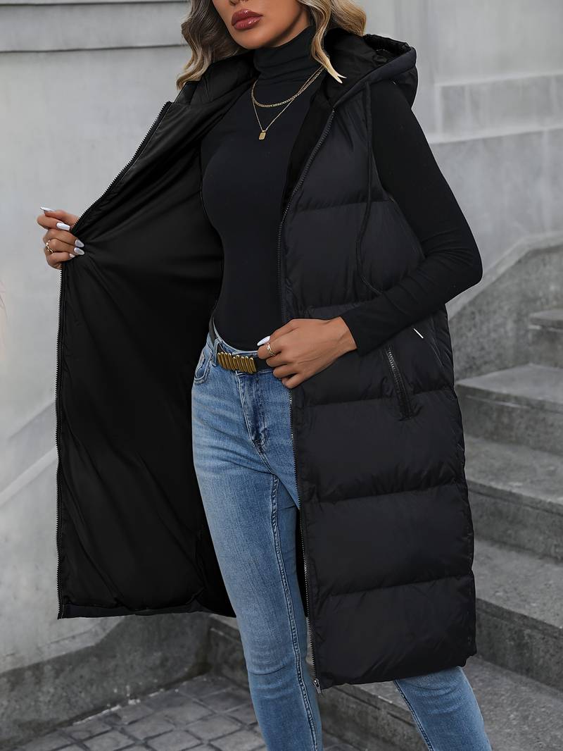 Women's Long Bodywarmer with Hood and Zipper