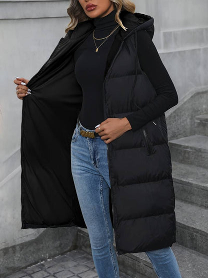 Women's Long Bodywarmer with Hood and Zipper