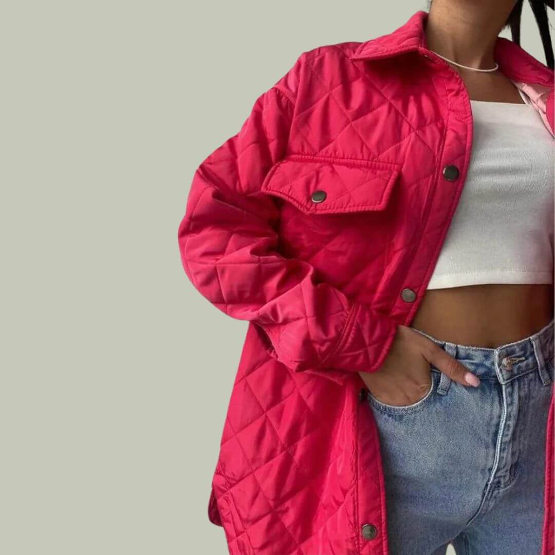 Klassieke Gewatteerde Damesjas met Drukknoopsluiting en Tailleceintuur