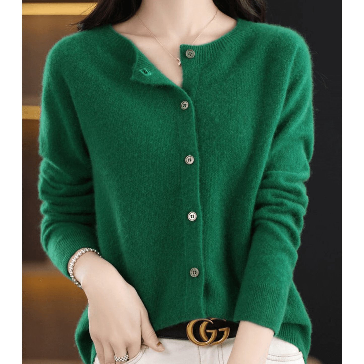 Ladies Fine Knit Cardigan with Round Neck – Woolly Look