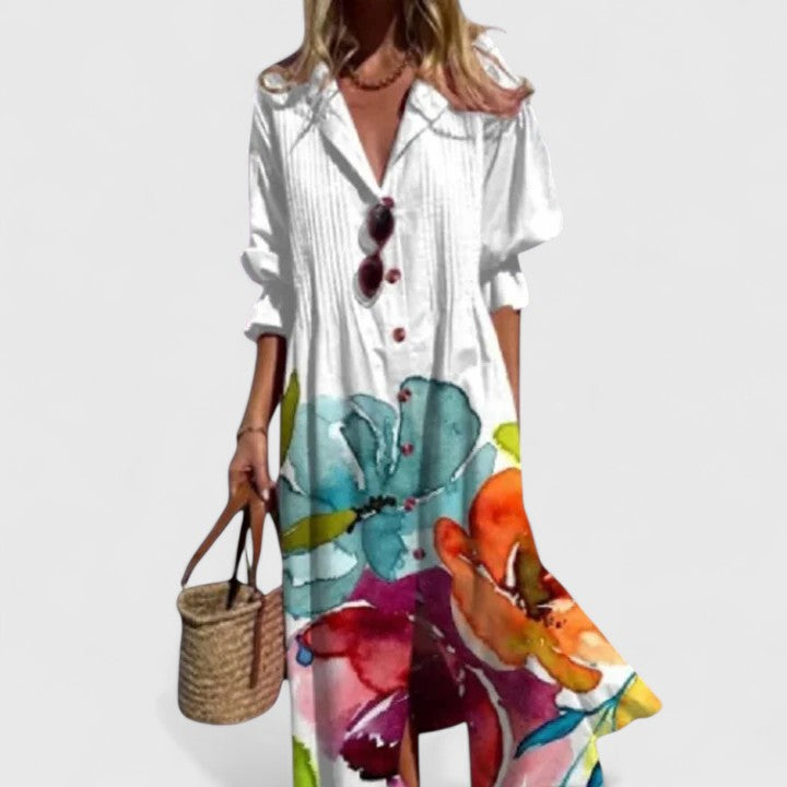 Dames Maxi Shirtjurk | Bloemenprint & Relaxed Pasvorm-Kleding – Dames – Jurken – Shirtjurken-Myna Mode-Wit-S-Myna Mode