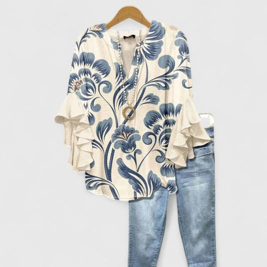 Saryphiah | Comfortable Blouse-Myna Mode-White Blue-S-Myna Mode