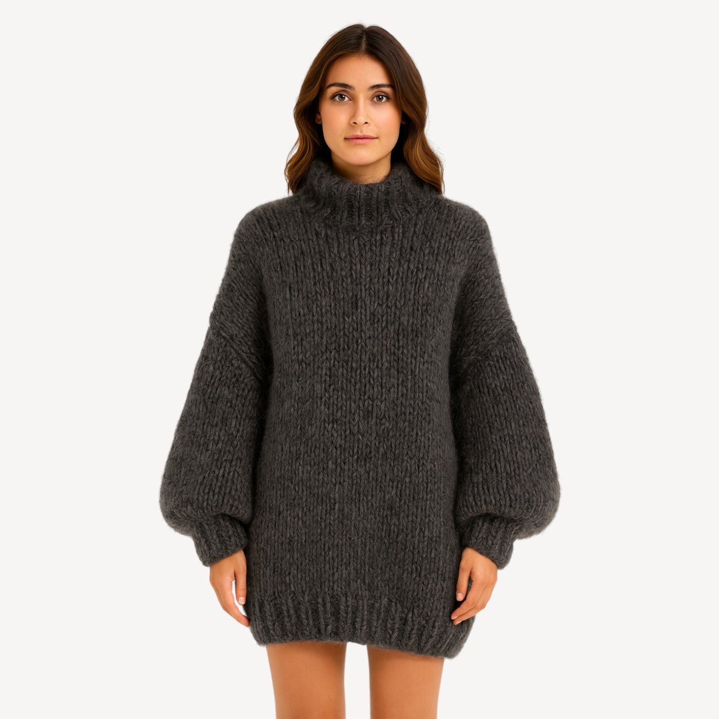 Davies – Übergroßer gestrickter Damenpullover mit hohem Kragen und Ballonärmeln