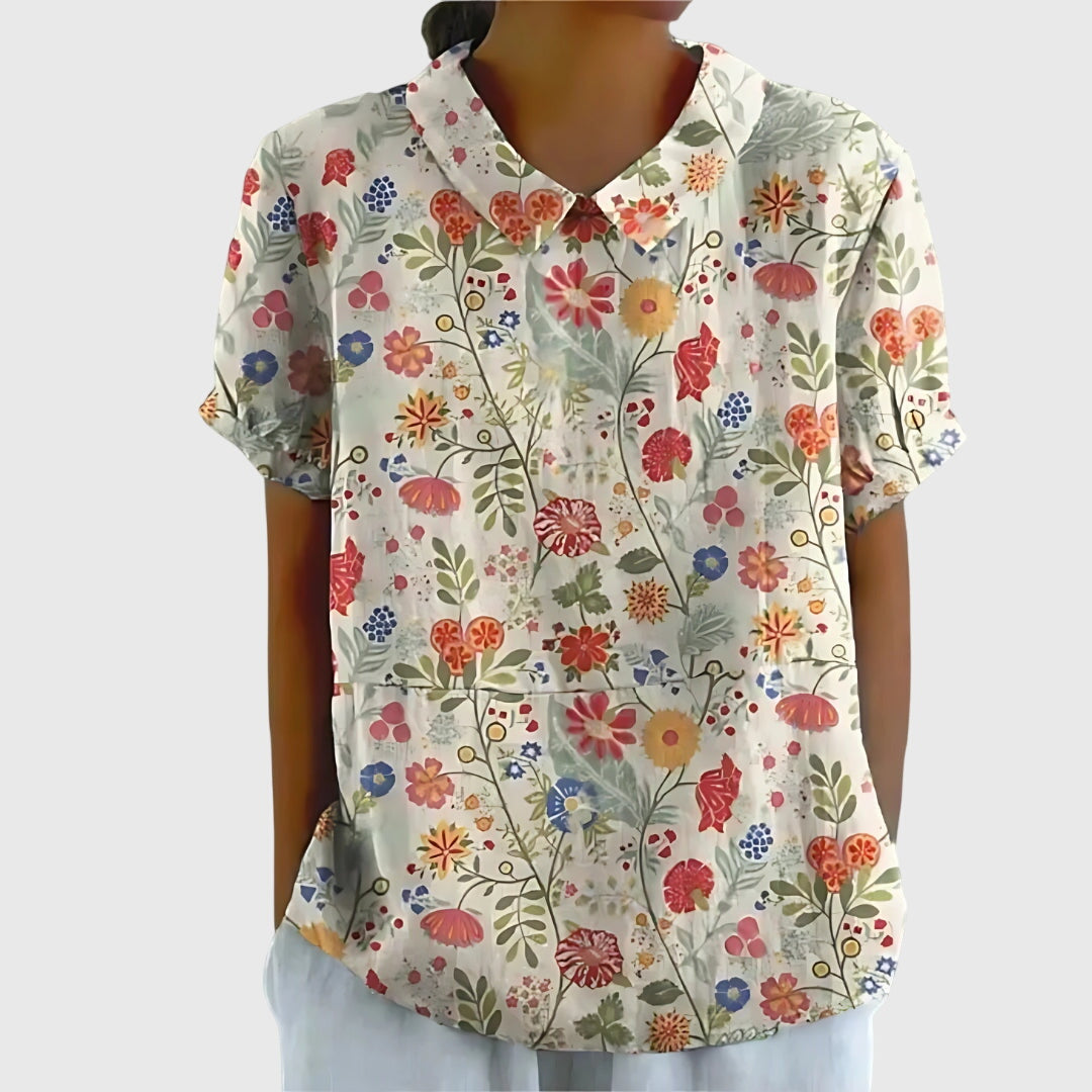 Elvara | Embroidered Linen Blouse with Floral Print for Women