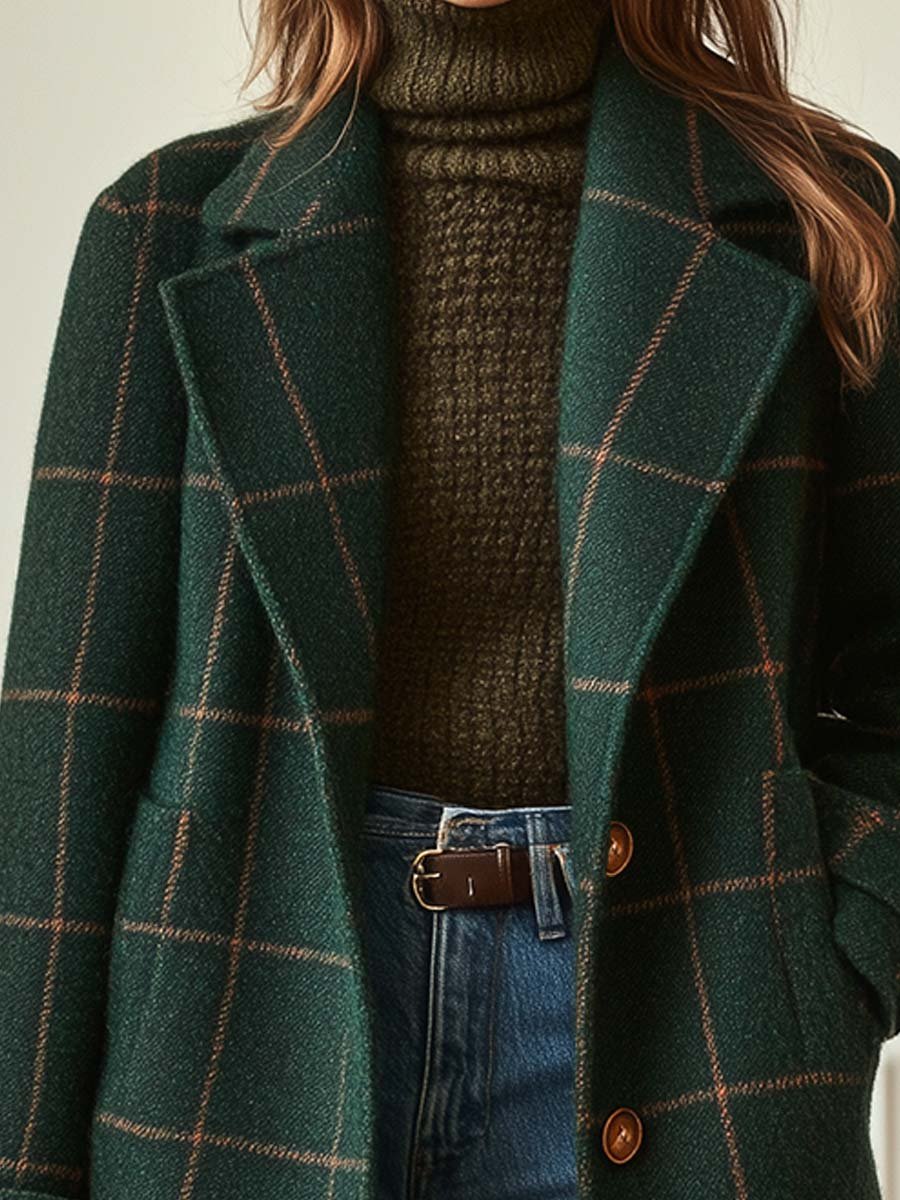 Ladies' Checked Long Coat with Lapel Collar