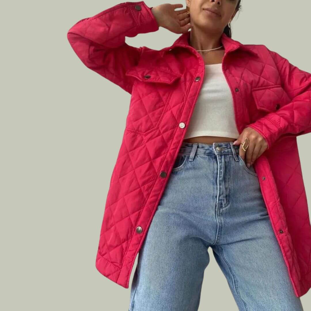 Klassieke Gewatteerde Damesjas met Drukknoopsluiting en Tailleceintuur