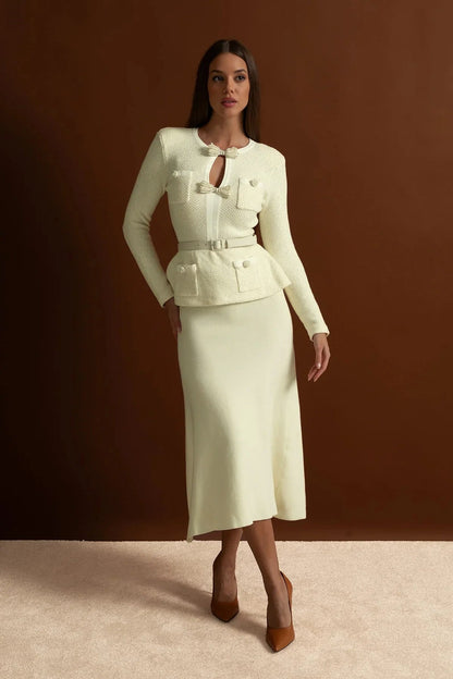 Tweed Peplum Gebreide Midi Jurk – Ivoire