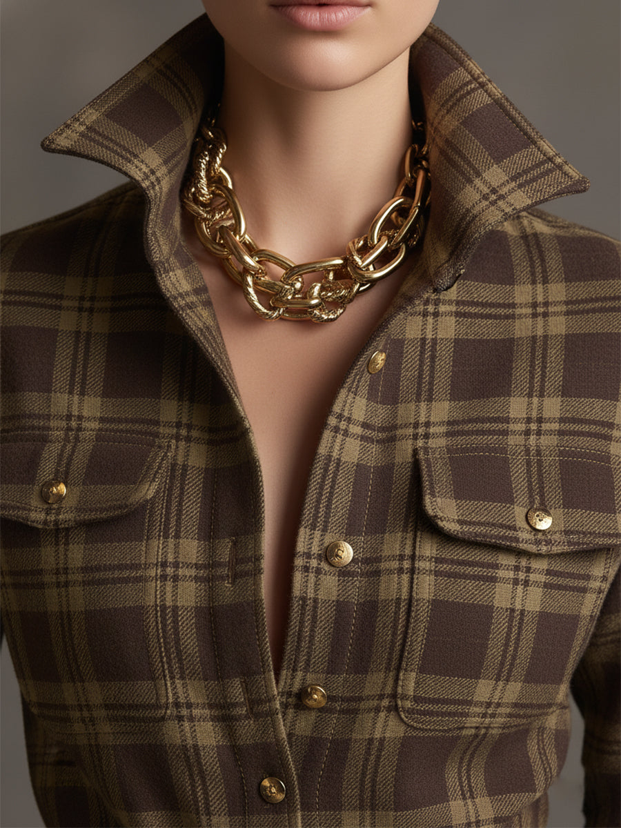 Damen Maxikleid mit Reverskragen und rotbraunem Karomuster inklusive Gürtel