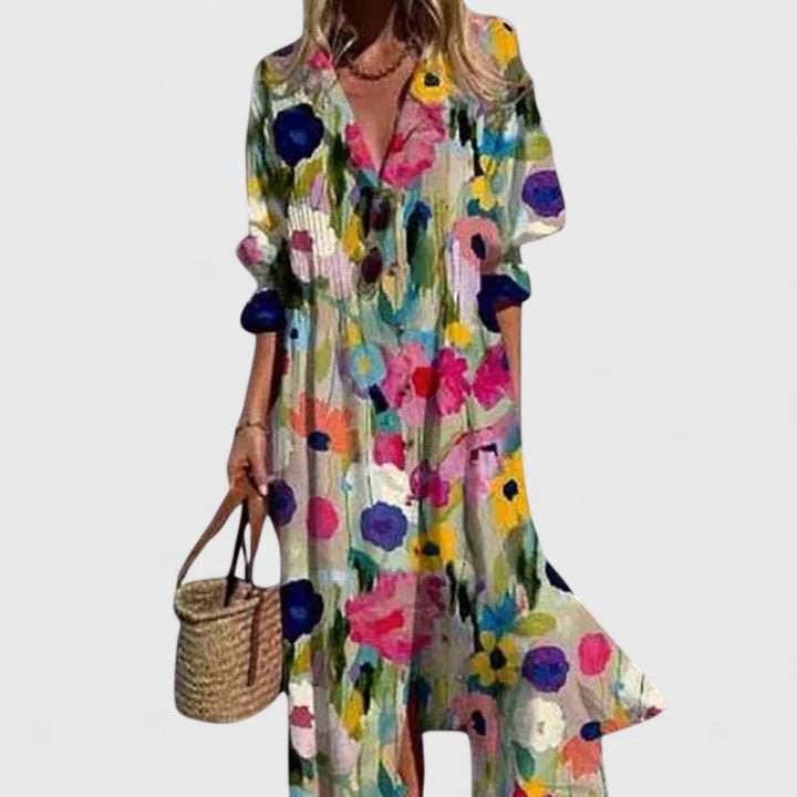 Dames Maxi Shirtjurk | Bloemenprint & Relaxed Pasvorm-Kleding – Dames – Jurken – Shirtjurken-Myna Mode-Veelkleurig 1-S-Myna Mode