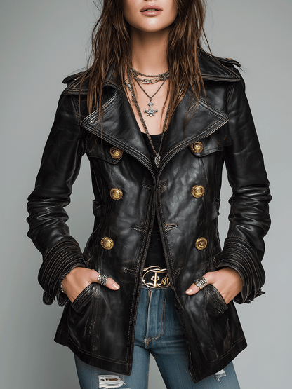 Ladies' Double-Breasted Faux Leather Coat – Old-Fashioned Style