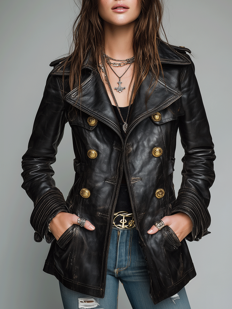 Ladies' Double-Breasted Faux Leather Coat – Old-Fashioned Style
