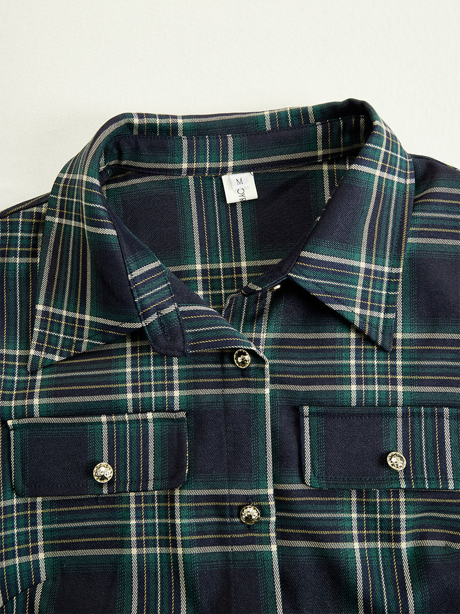 Damen Maxikleid mit Reverskragen und rotbraunem Karomuster inklusive Gürtel