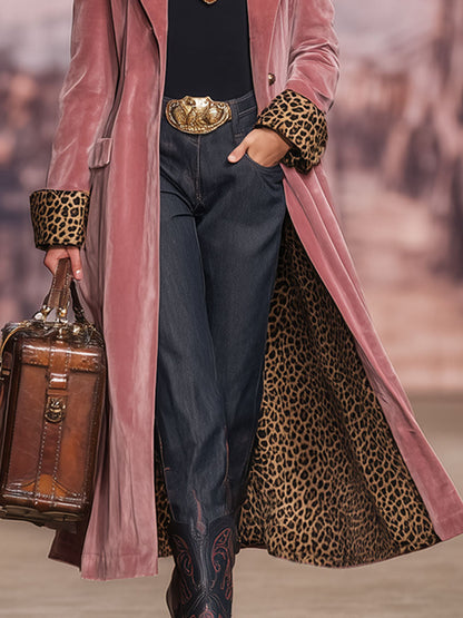 Ladies Velvet Coat with Lapel and Leopard Print – Single Breasted