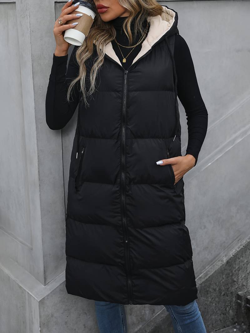 Women's Long Bodywarmer with Hood and Zipper