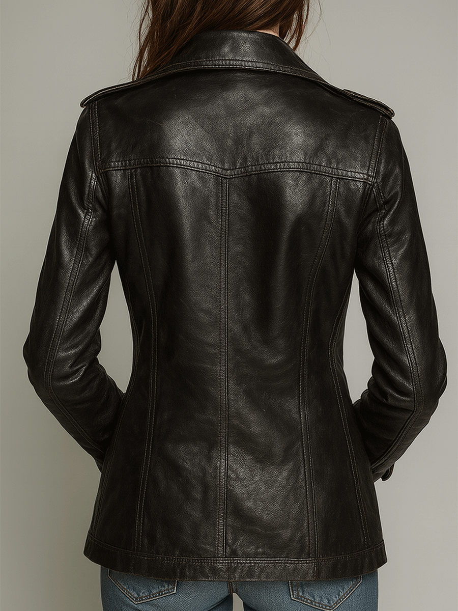 Ladies' Double-Breasted Faux Leather Coat – Old-Fashioned Style