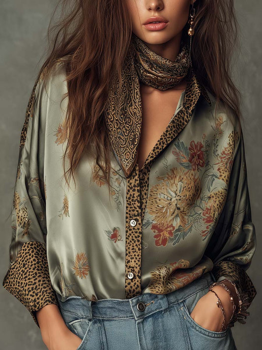 Silky Flower Pattern Shirt with Leopard Edge