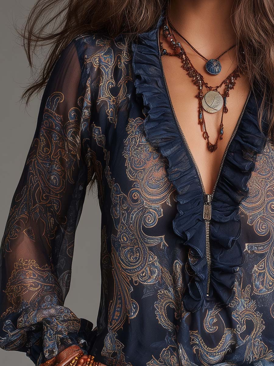 Dames Chiffon Blouse met Paisley Print en Volants – Ritsdetail