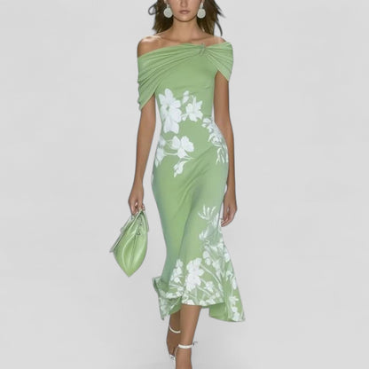 Dames Off-Shoulder Midi Jurk | Elegante Bloemenprint & Slim Fit