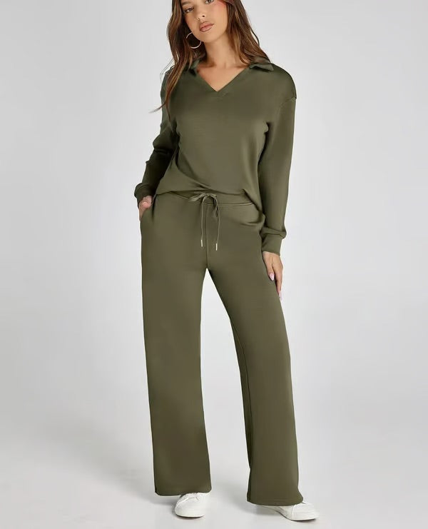 Women's Two-Piece Set with V-Neck Sweatshirt and Wide Pants – Comfortable & Stylish – For Autumn/Winter