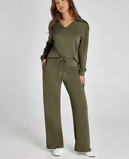 Women's Two-Piece Set with V-Neck Sweatshirt and Wide Pants – Comfortable & Stylish – For Autumn/Winter