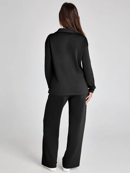 Dames Tweedelige Set met V-Hals Sweater en Wijde Broek – Comfort voor Herfst & Winter