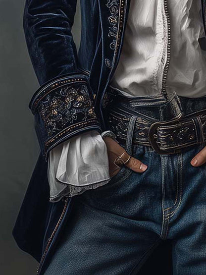 Dames Lange Fluwelen Jas met Borduursels