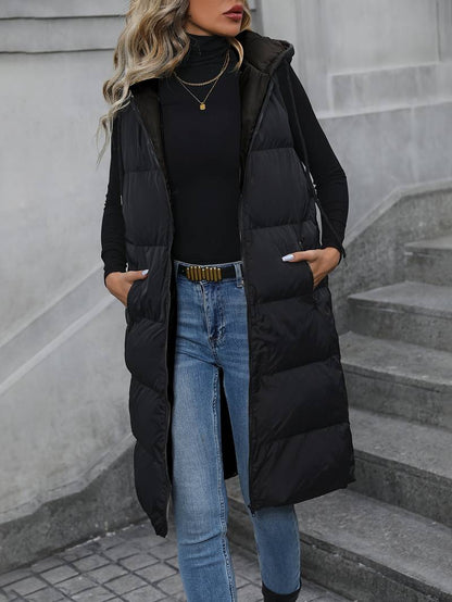 Women's Long Bodywarmer with Hood and Zipper