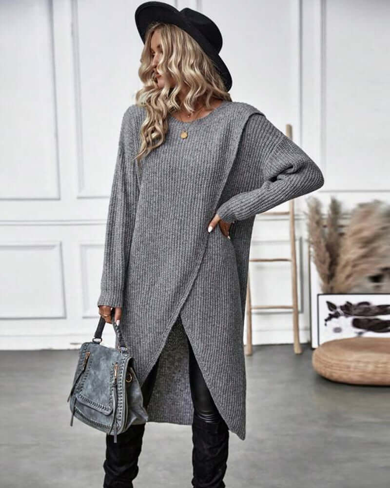 Women's Knitted Sweater Dress with Patchwork and Long Sleeves