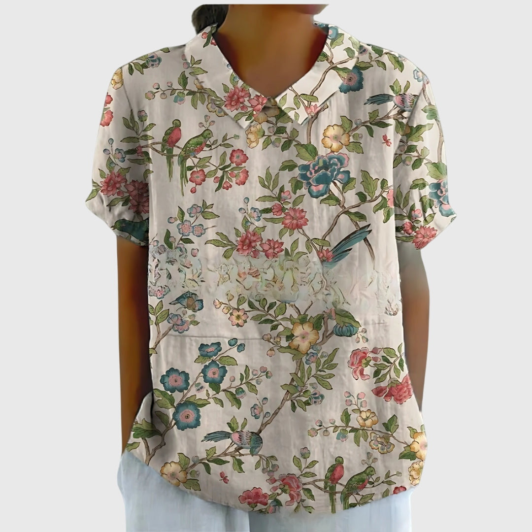 Elvara | Embroidered Linen Blouse with Floral Print for Women