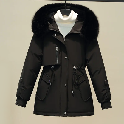 Damen gesteppte Winterjacke mit Pelzkragen – Luxus & Warm