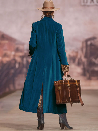 Ladies Velvet Coat with Lapel and Leopard Print – Single Breasted