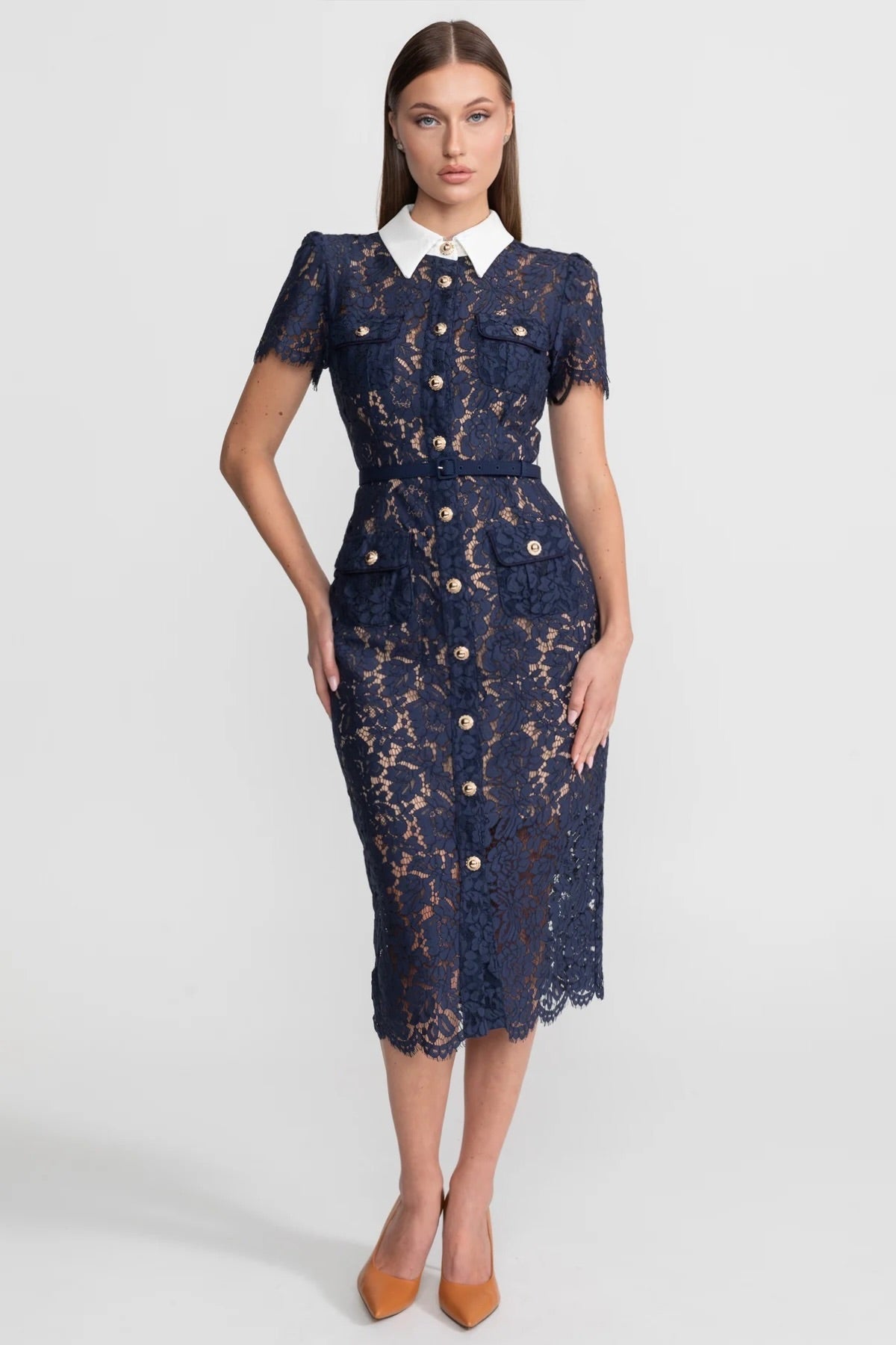 Ladies' Mid-Length Dress of Floral Lace with Collar and Waist Belt – Navy Blue