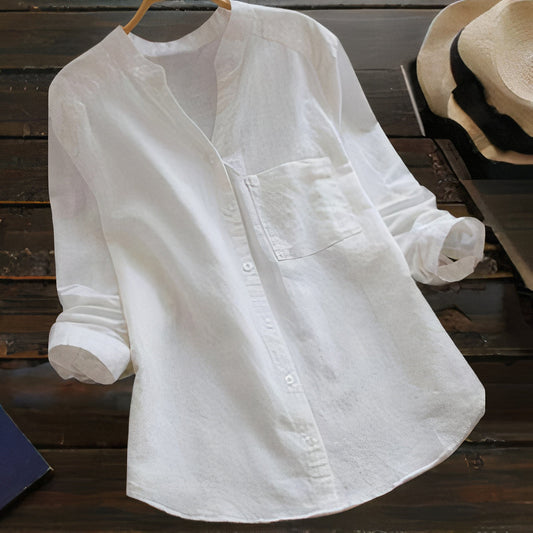 Cilla - Relaxed katoenen linnen overhemd-Dames Overhemd / Blouse-Myna Mode-Wit-S-Myna Mode