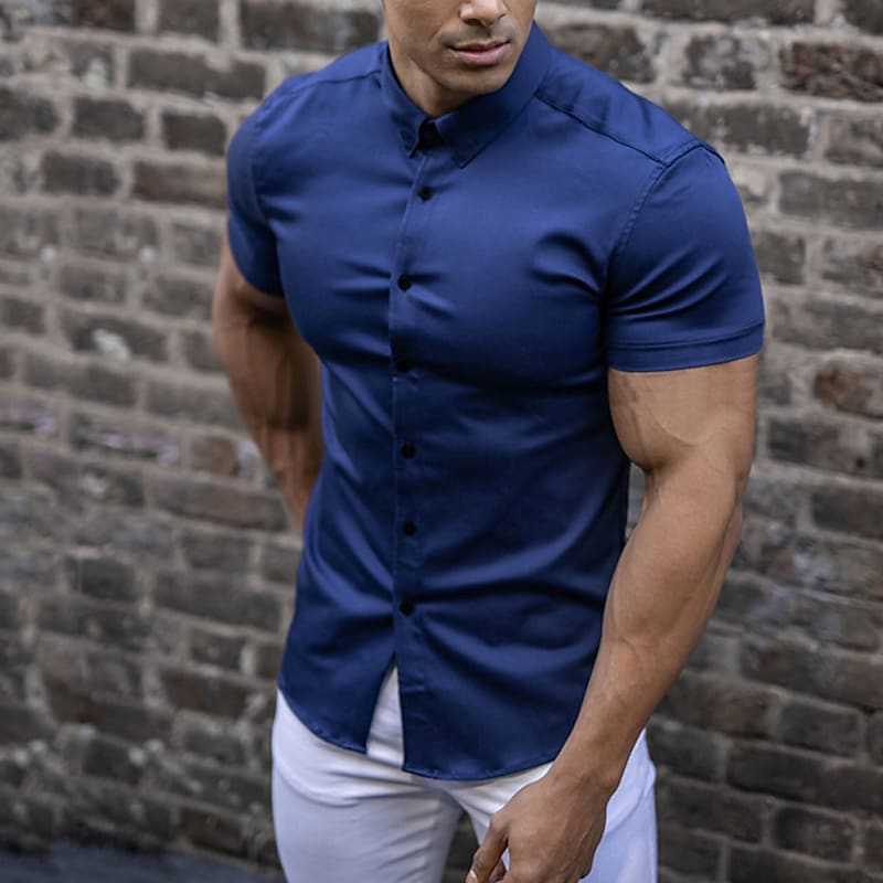 Heren Overhemd Slim Fit Korte Mouw – Stretch Overhemd voor Zomer en Uitgaan