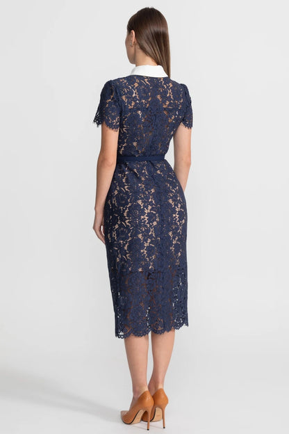 Ladies' Mid-Length Dress of Floral Lace with Collar and Waist Belt – Navy Blue