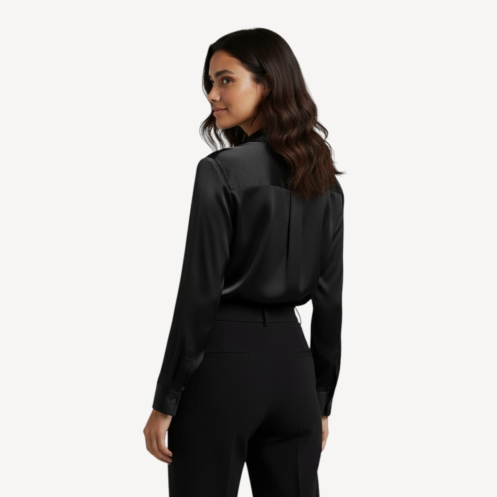 Davies – Dames Satijnen Blouse met Lange Mouwen en Knoopsluiting