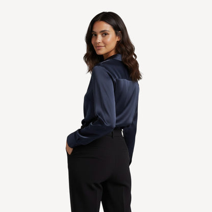 Davies – Dames Satijnen Blouse met Lange Mouwen en Knoopsluiting