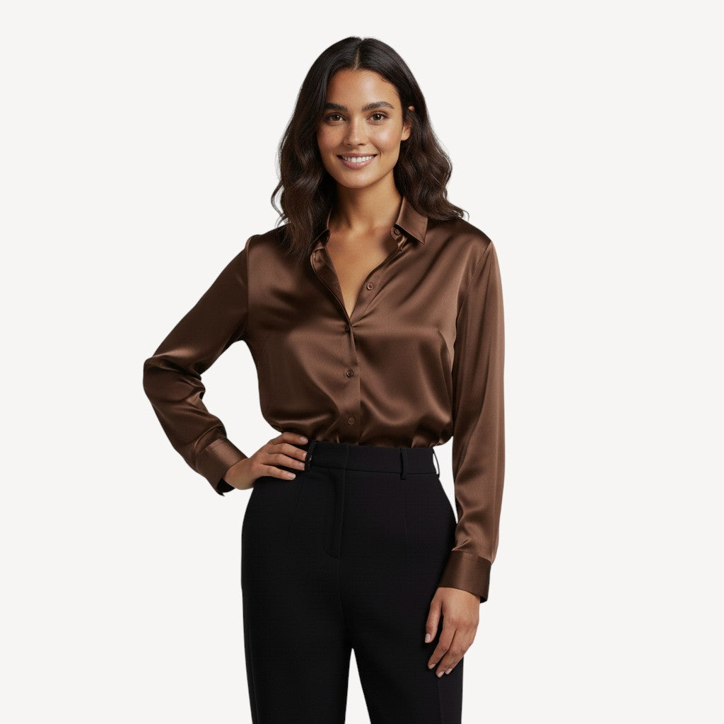 Davies – Dames Satijnen Blouse met Lange Mouwen en Knoopsluiting