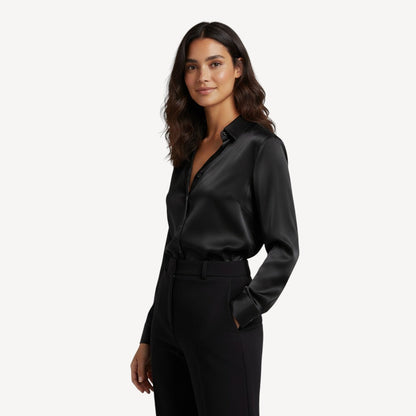 Davies – Dames Satijnen Blouse met Lange Mouwen en Knoopsluiting