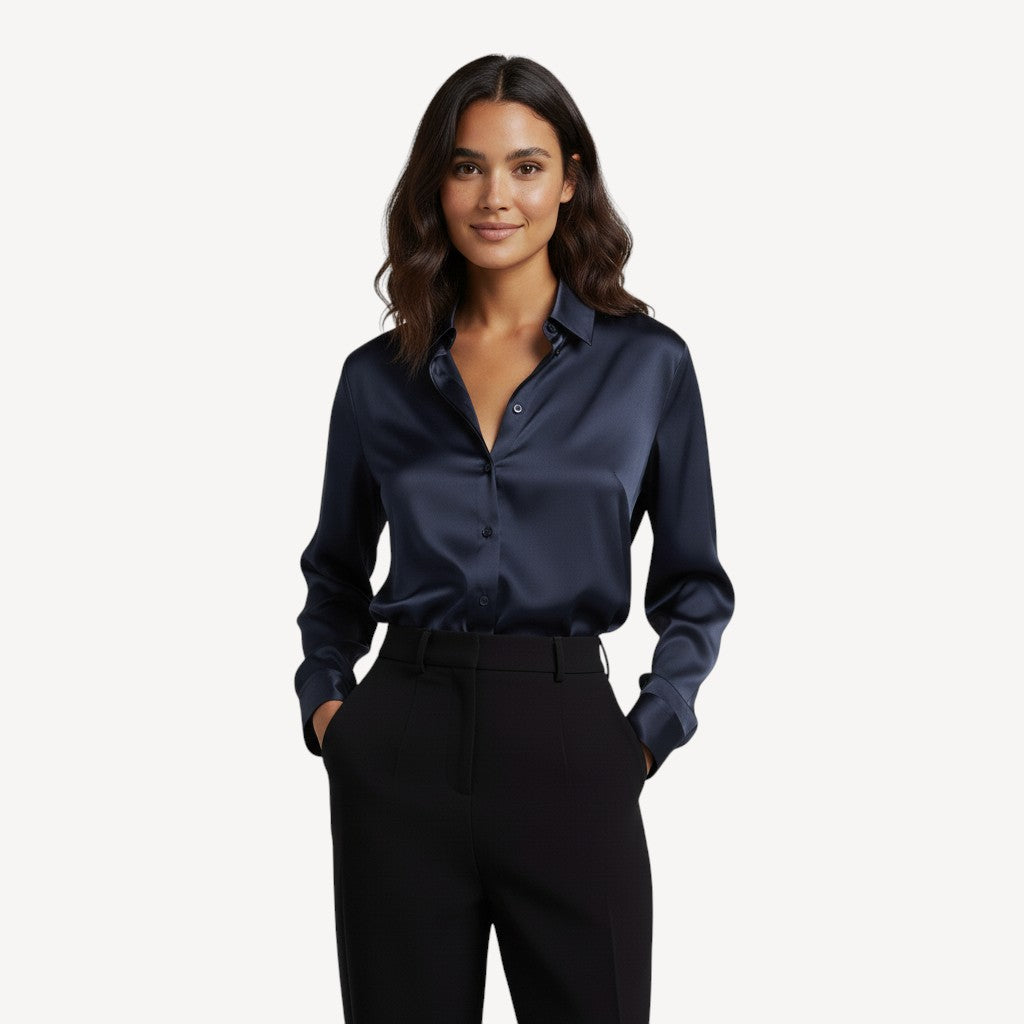 Davies – Dames Satijnen Blouse met Lange Mouwen en Knoopsluiting